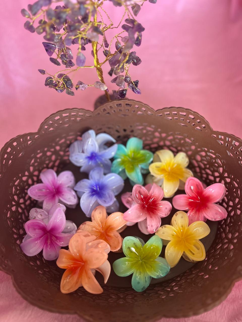 Medium Flower Premium Glass Finish Flower Claw Clip (Multicolour) - Pack of 2